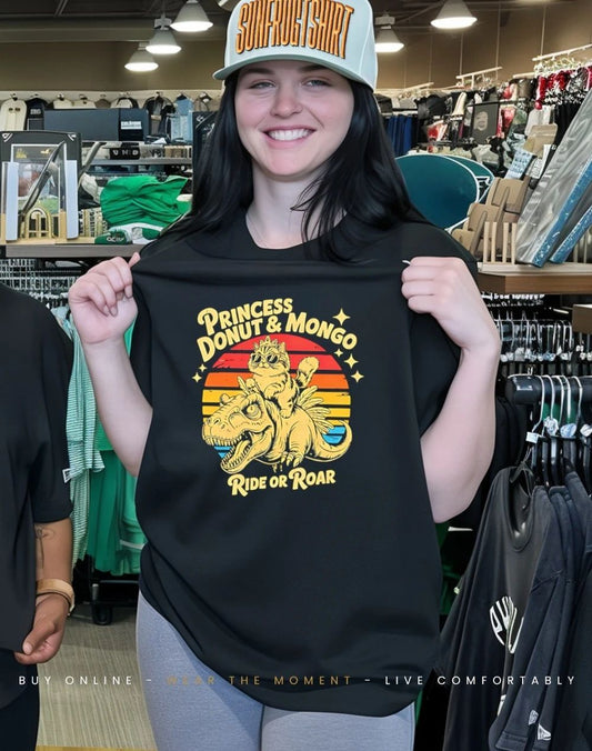 Princess Donut and Mongo Ride ride or roar dinosaur and cat shirt