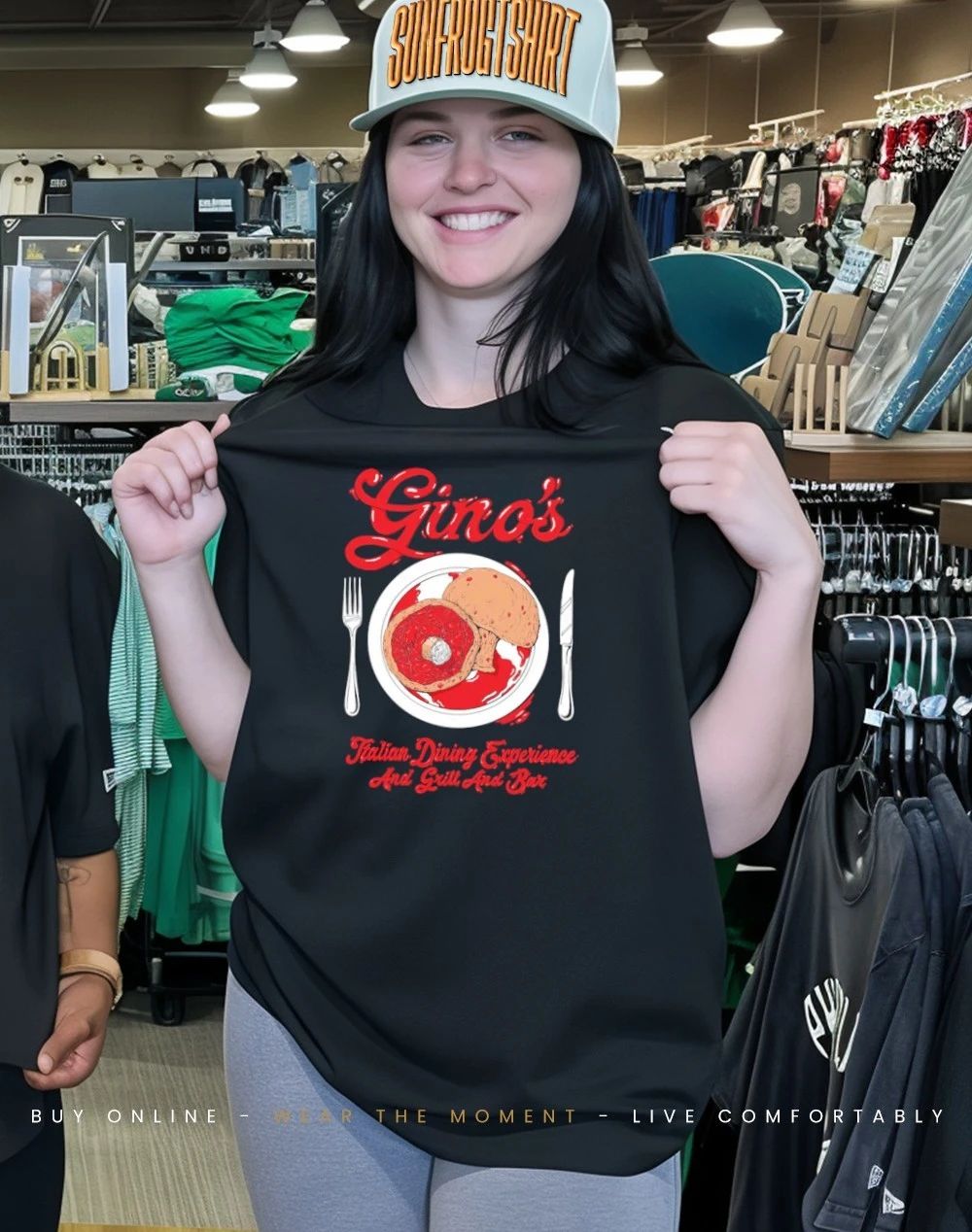 Gino’s Italian dining experience and girl and bar shirt