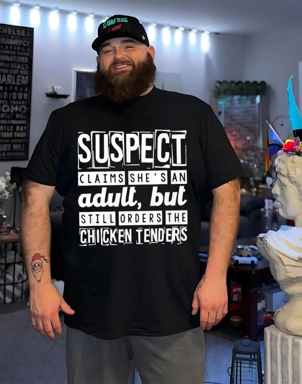 Suspect claims she’s an adult chicken shirt