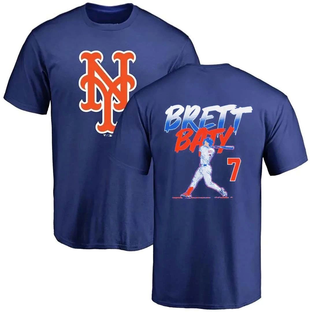 New York Mets Brett Baty slugger swing front and back shirt