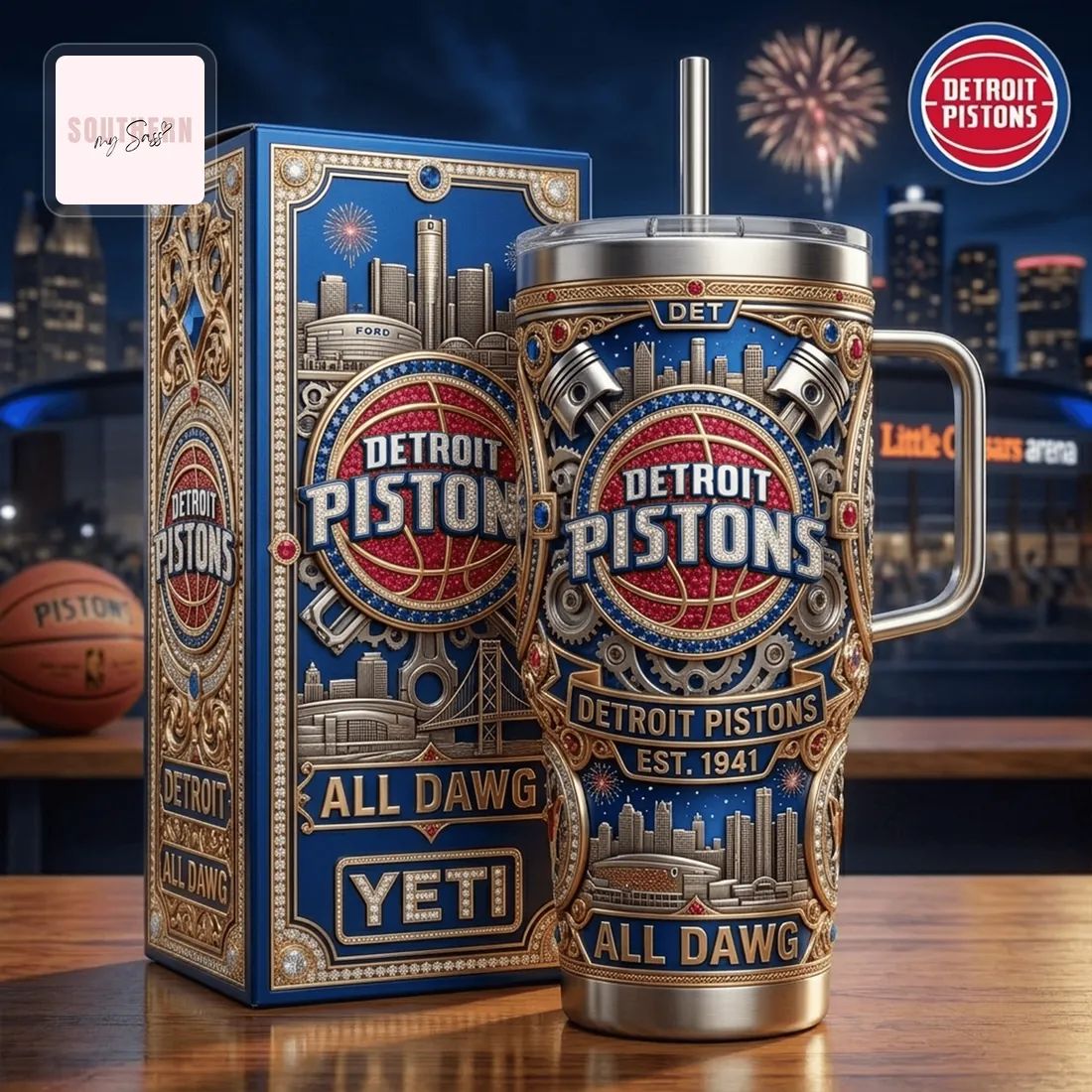 Detroit Pistons Ornate Premium 40oz Insulated Travel Tumbler with Handle