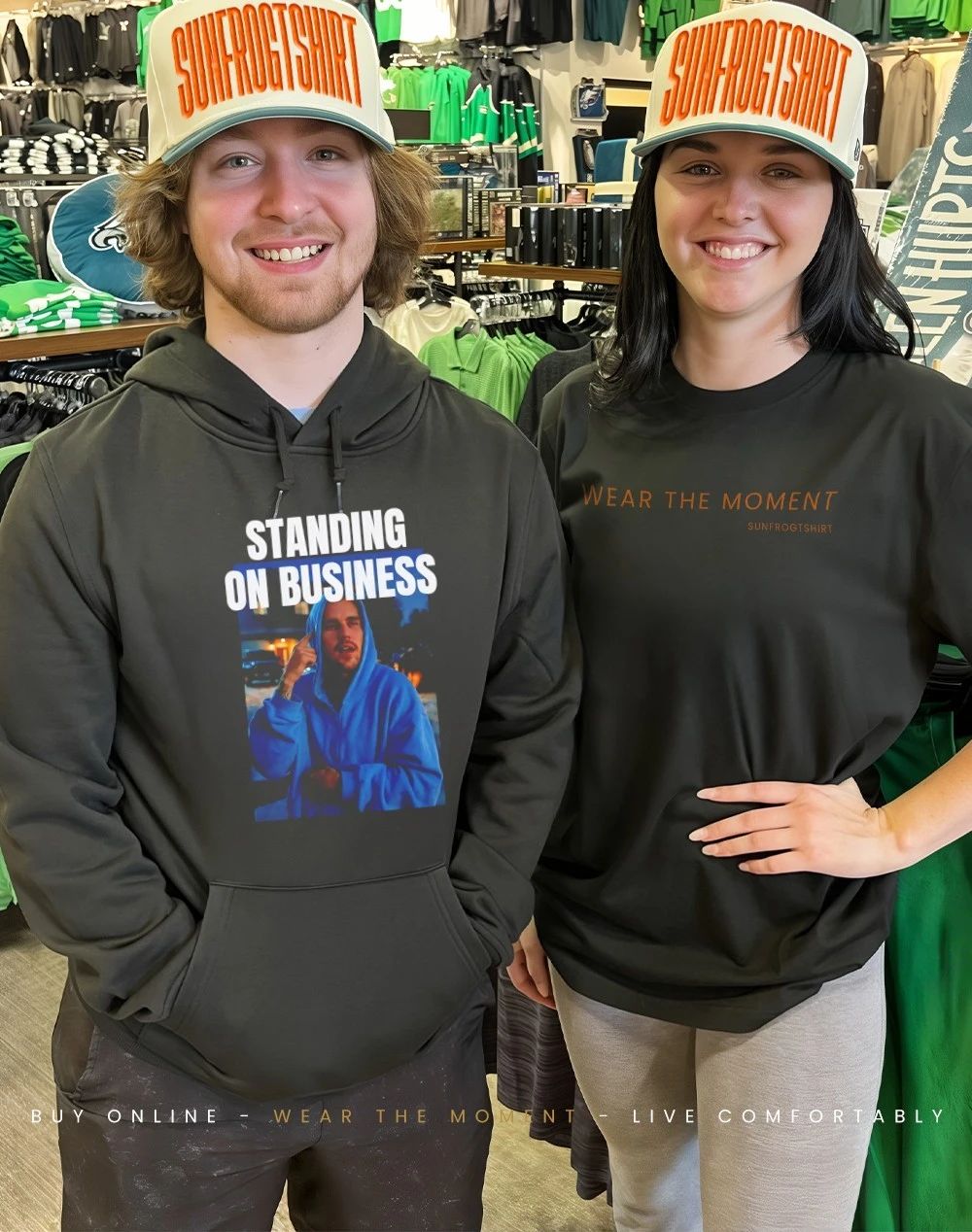 Justin standing on business shirt