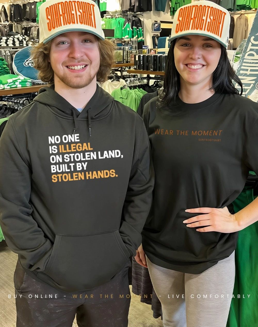 Black woman wearing no one is Illegal on stolen land built by stolen hands shirt