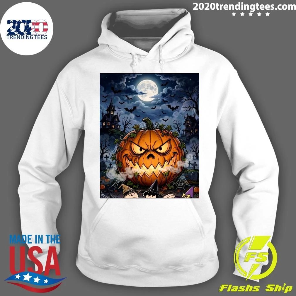 Giant Glowing Evil Pumpkin Halloween Scene with Graveyard, Flying Bats and Full Moon T-shirt