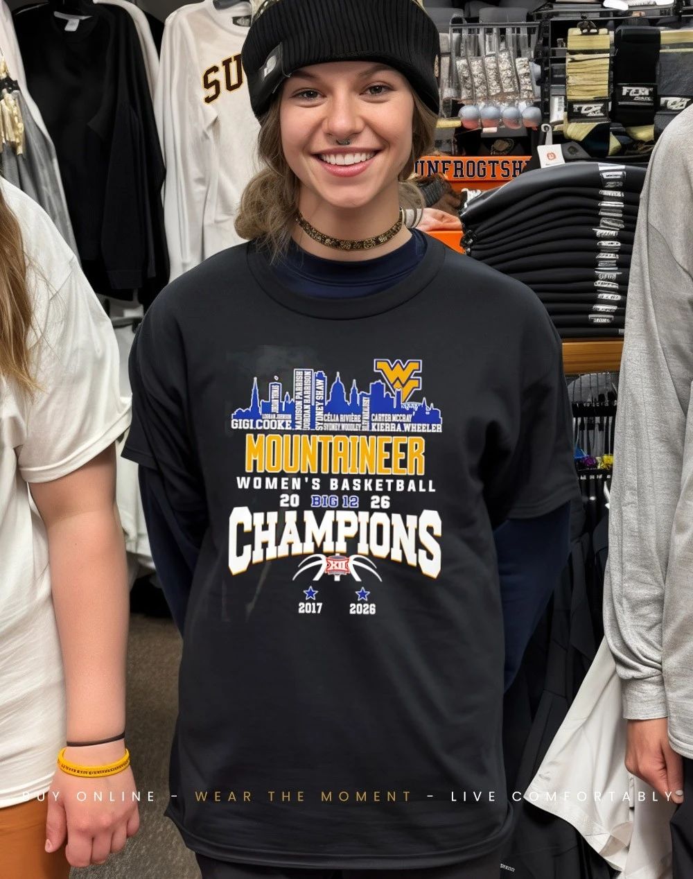 West Virginia Mountaineers Women’s Basketball Champions 2026 player names city skyline shirt