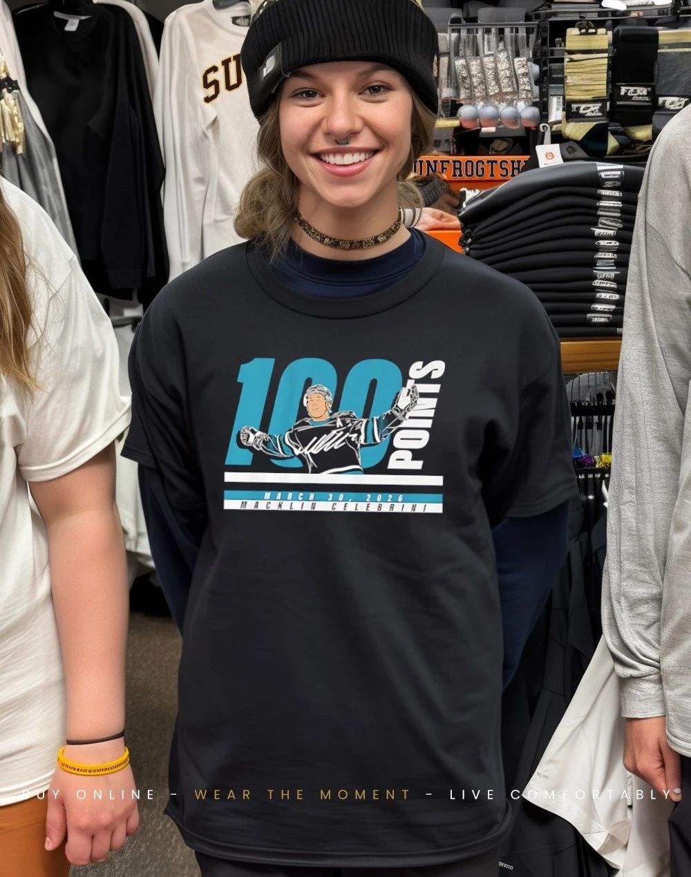 San Jose Macklin Celebrini 100 Points 2025-26 March 30 2026 signature shirt
