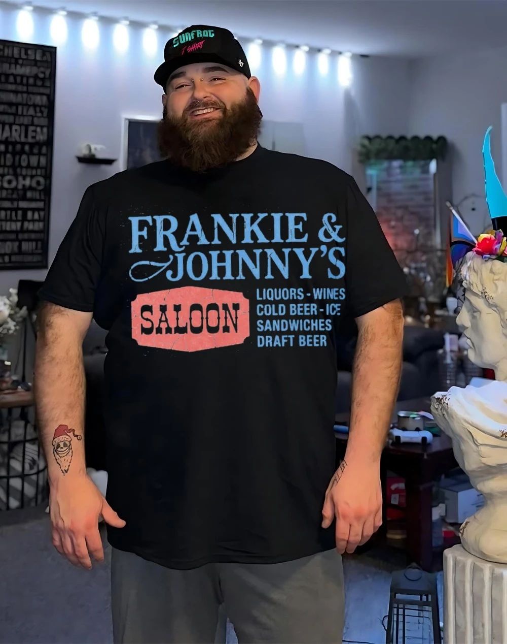 Frankie & Johnny’s Saloon Liquors wines cold beer ice sandwiches shirt
