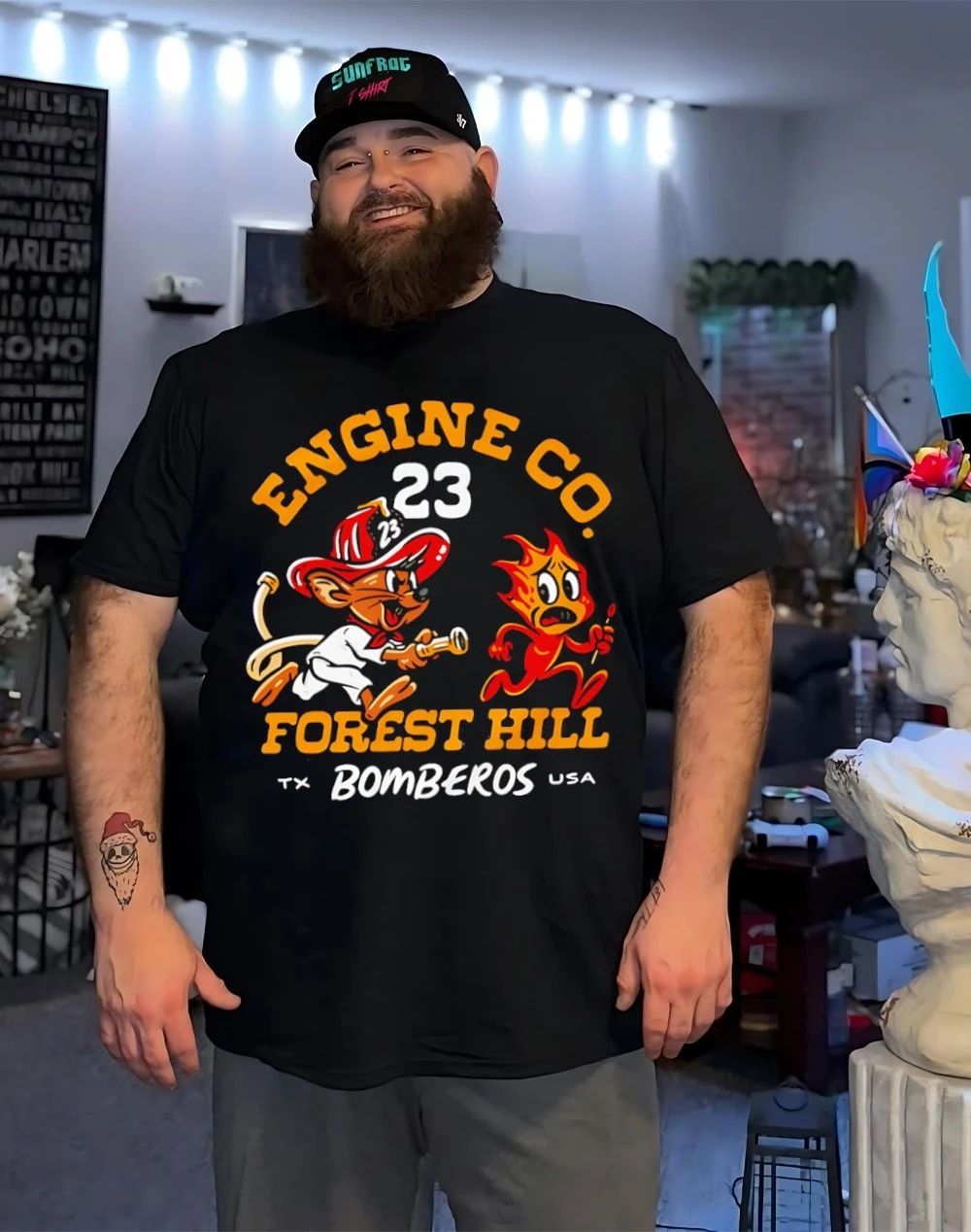 Mouse chasing fire Engine Co Forest Hill Bomberos shirt