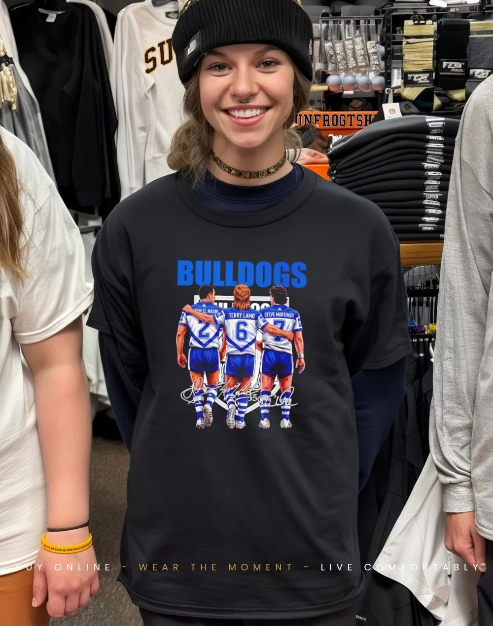 Canterbury-Bankstown Bulldogs players behind signatures shirt