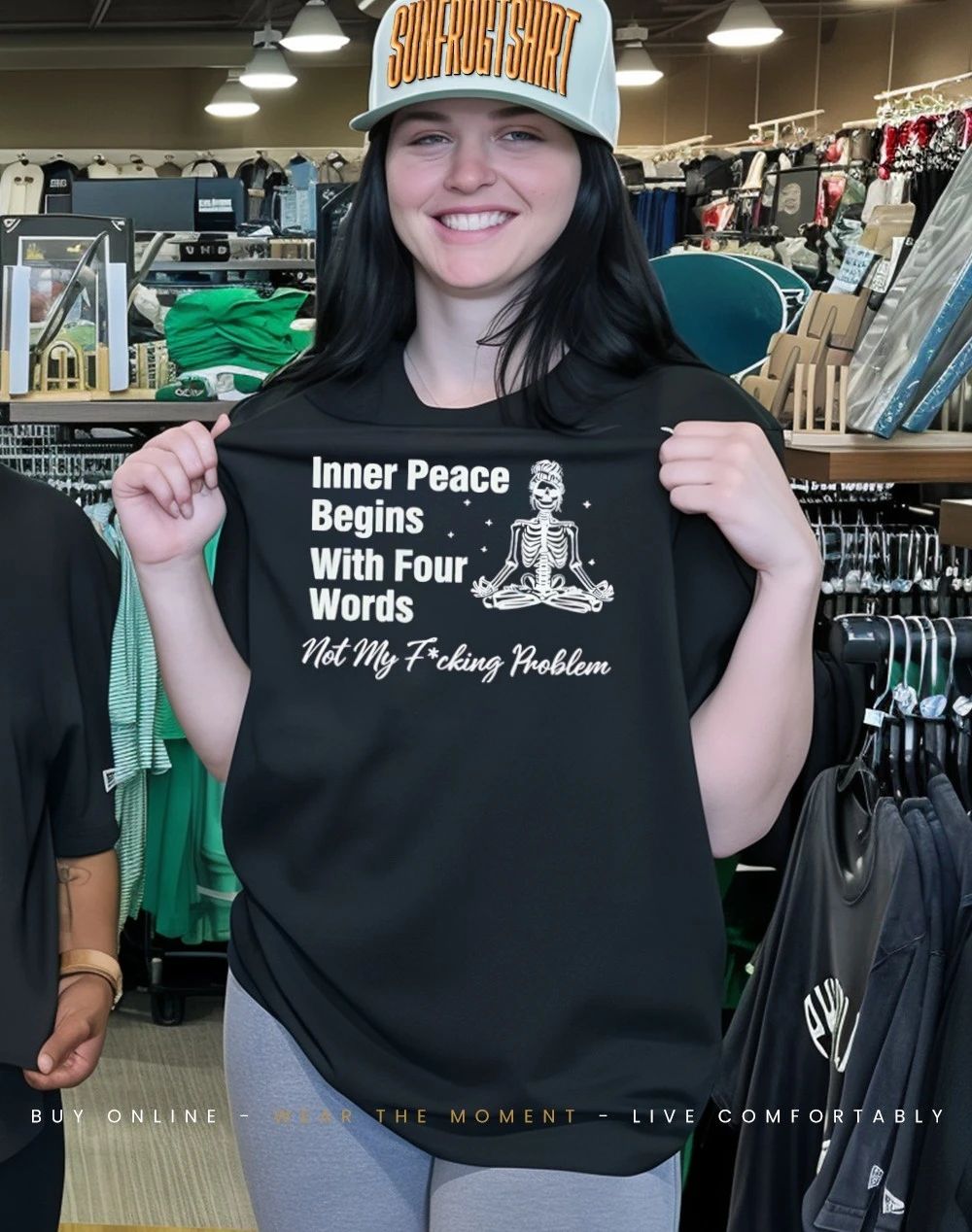 Skeleton meditate inner peace begins with four words not my fucking problem shirt