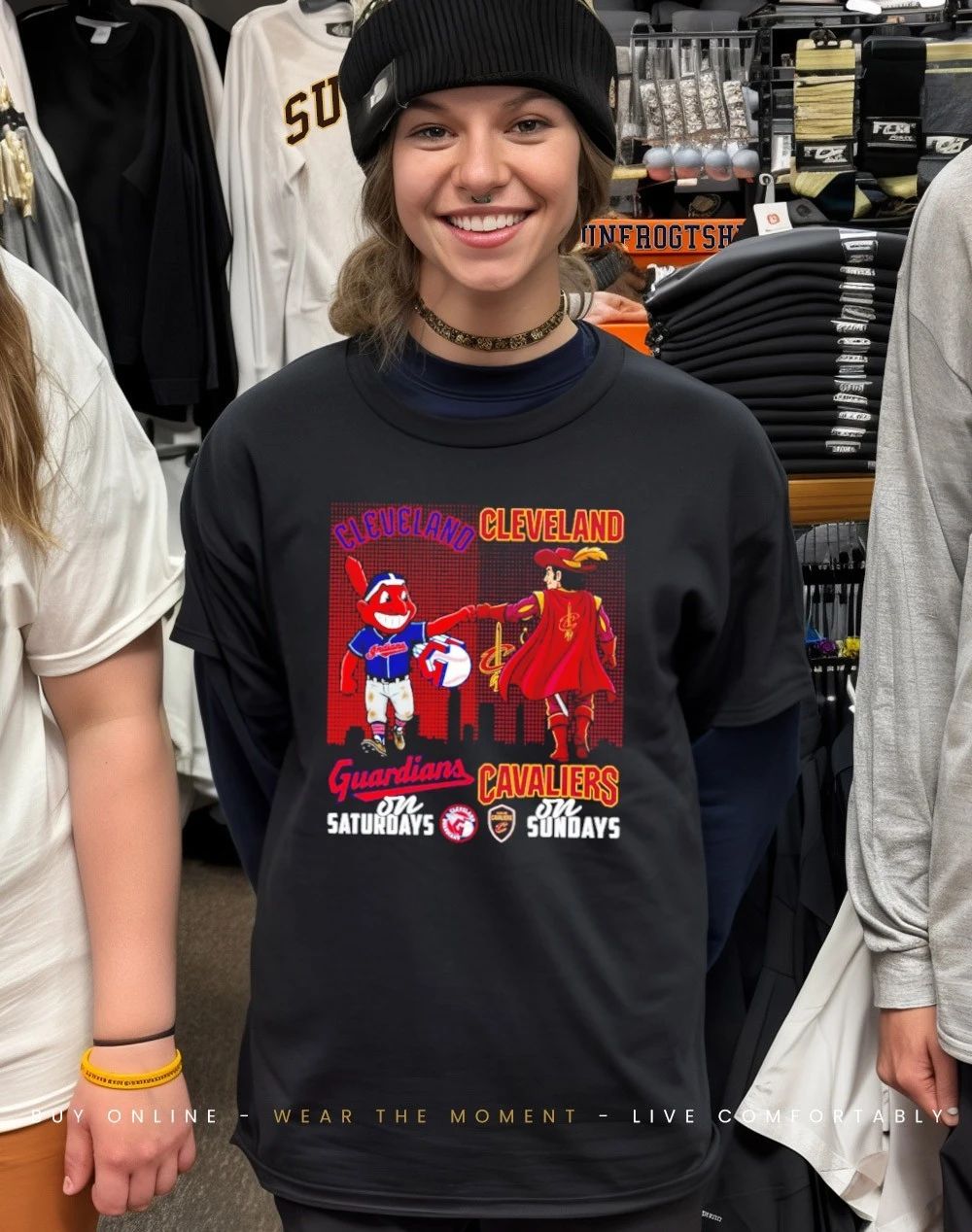 Cleveland Guardians on saturdays vs Cleveland Cavaliers on sundays city skyline shirt