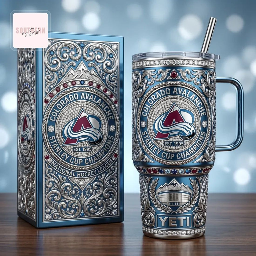 Colorado Avalanche Stanley Cup Champions YETI Luxury Diamond Embellished 40oz Insulated Tumbler with Lid and Straw