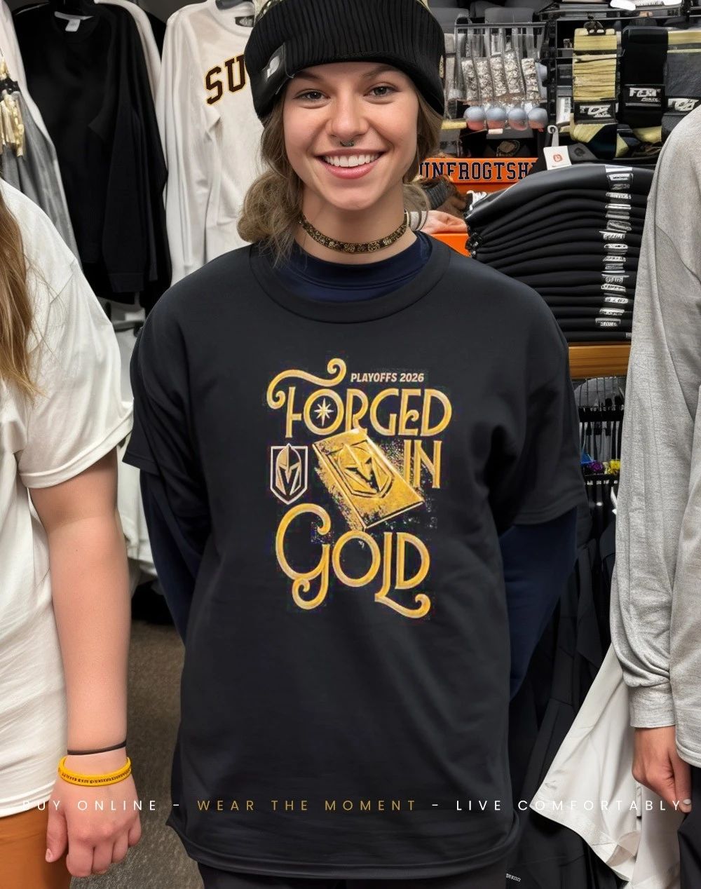 Vegas Golden Knights 2026 Playoffs Forged in Gold Slogan front and back shirt