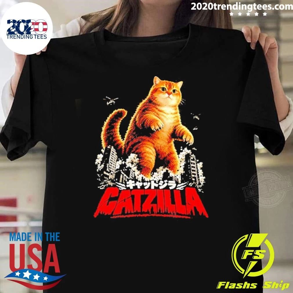 Cream British Catzilla Cat Godzilla Kaiju Parody Shirt