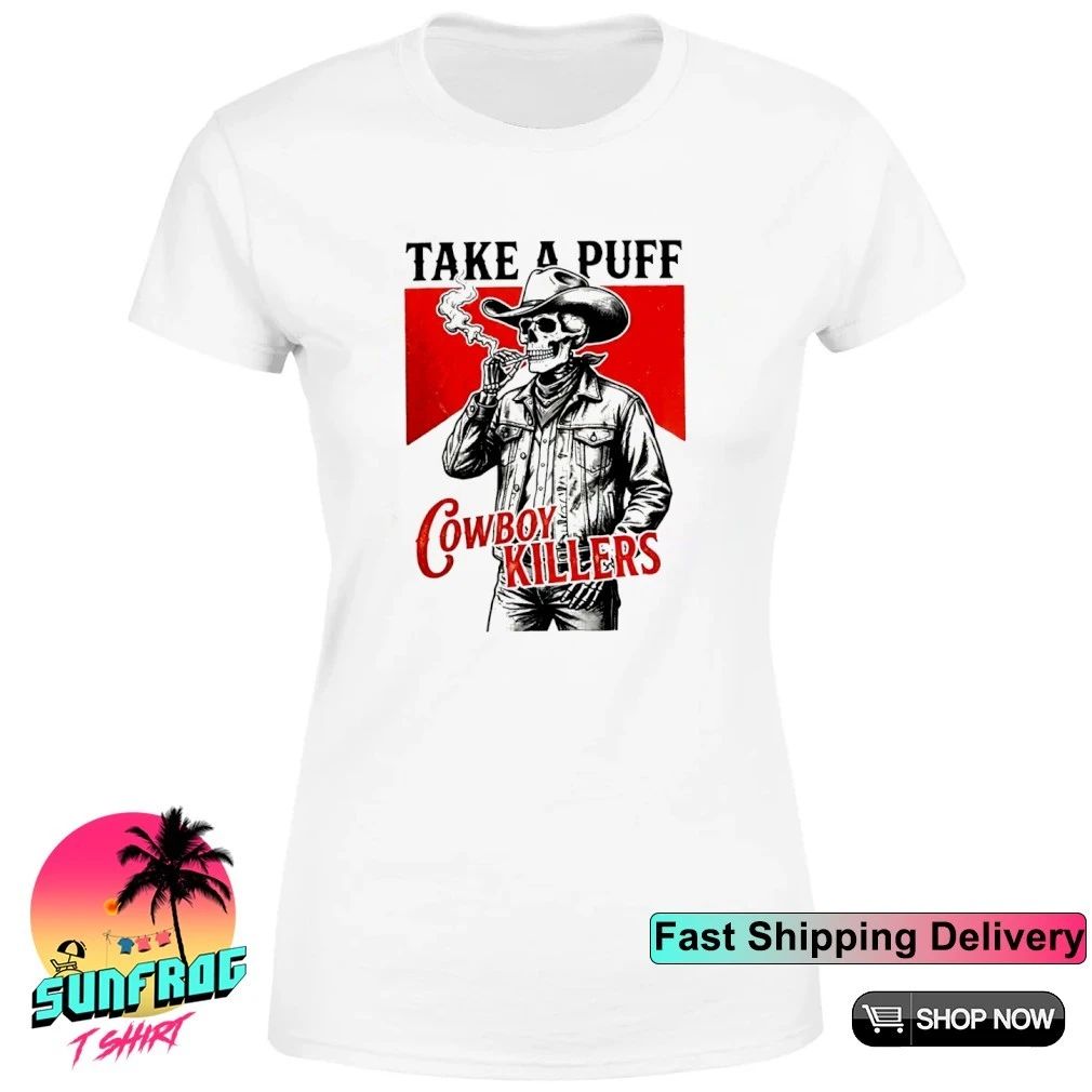 Smoking skeleton cowboy killers funny skull graphic shirt