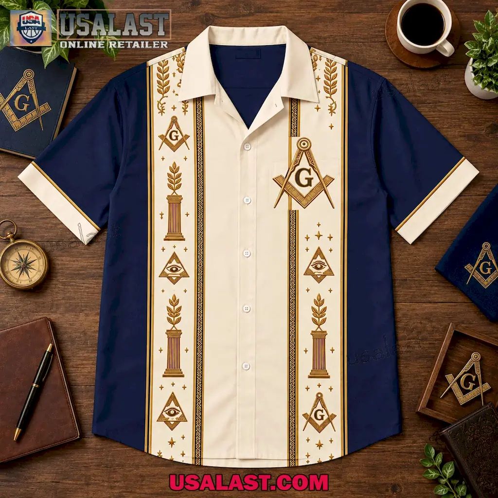 Freemasonry Masonic Vintage Striped Cream & Navy Premium Hawaiian Shirt