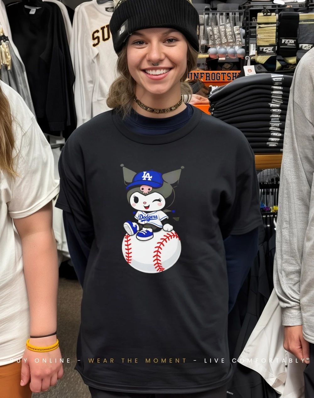 Kuromi in LA Dodgers Jersey Sitting on Baseball shirt