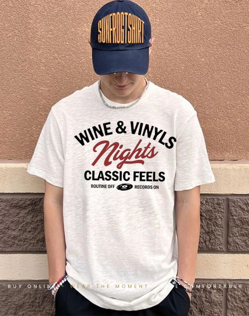Wine and Vinyls nights classic feels routine off records on shirt