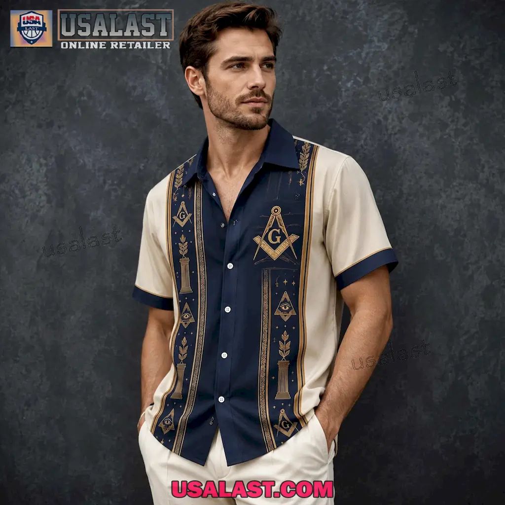 Freemasonry Masonic Vintage Striped Navy & Cream Premium Hawaiian Shirt