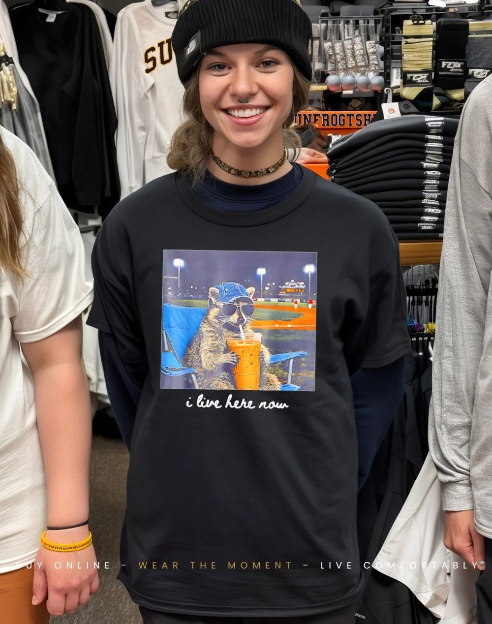 I Live Here Now Raccoon Baseball Mama shirt