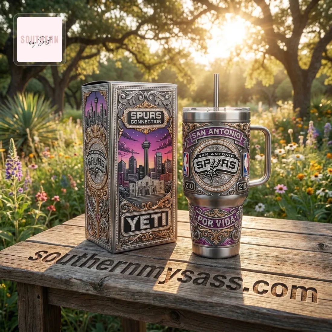 San Antonio Spurs 40oz Premium Ornate Yeti Insulated Tumbler With Handle