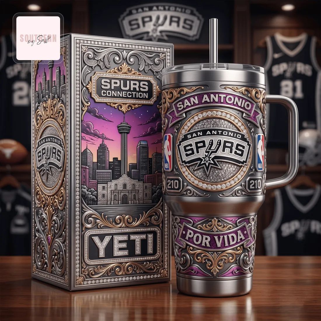 San Antonio Spurs 40oz Premium Ornate Yeti Insulated Tumbler With Handle