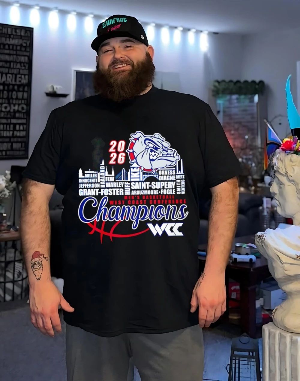 Gonzaga Bulldogs 2026 WCC Men’s Basketball Champions player names city skyline shirt
