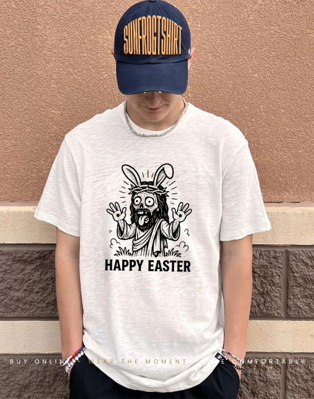 Jesus wearing bunny ears Happy Easter shirt