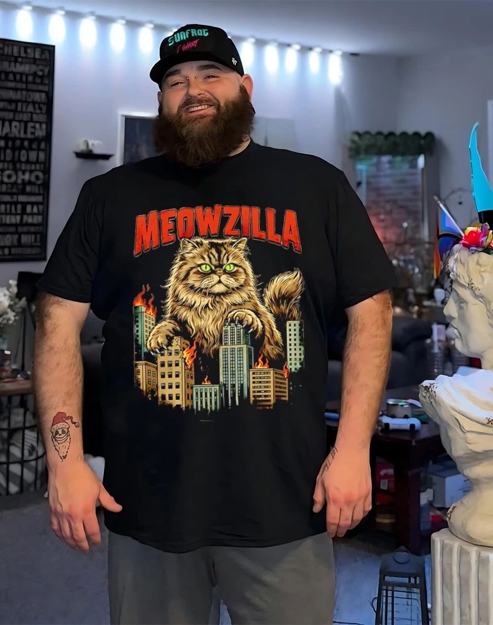 Meowzilla city skyline graphic shirt