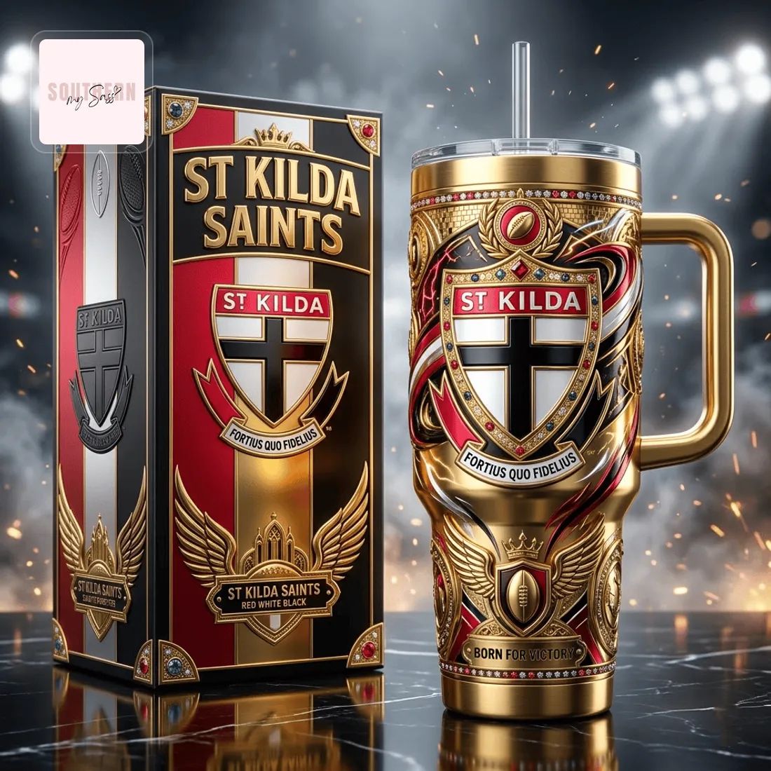St Kilda Saints Luxury Gold 40oz Insulated Tumbler With Handle