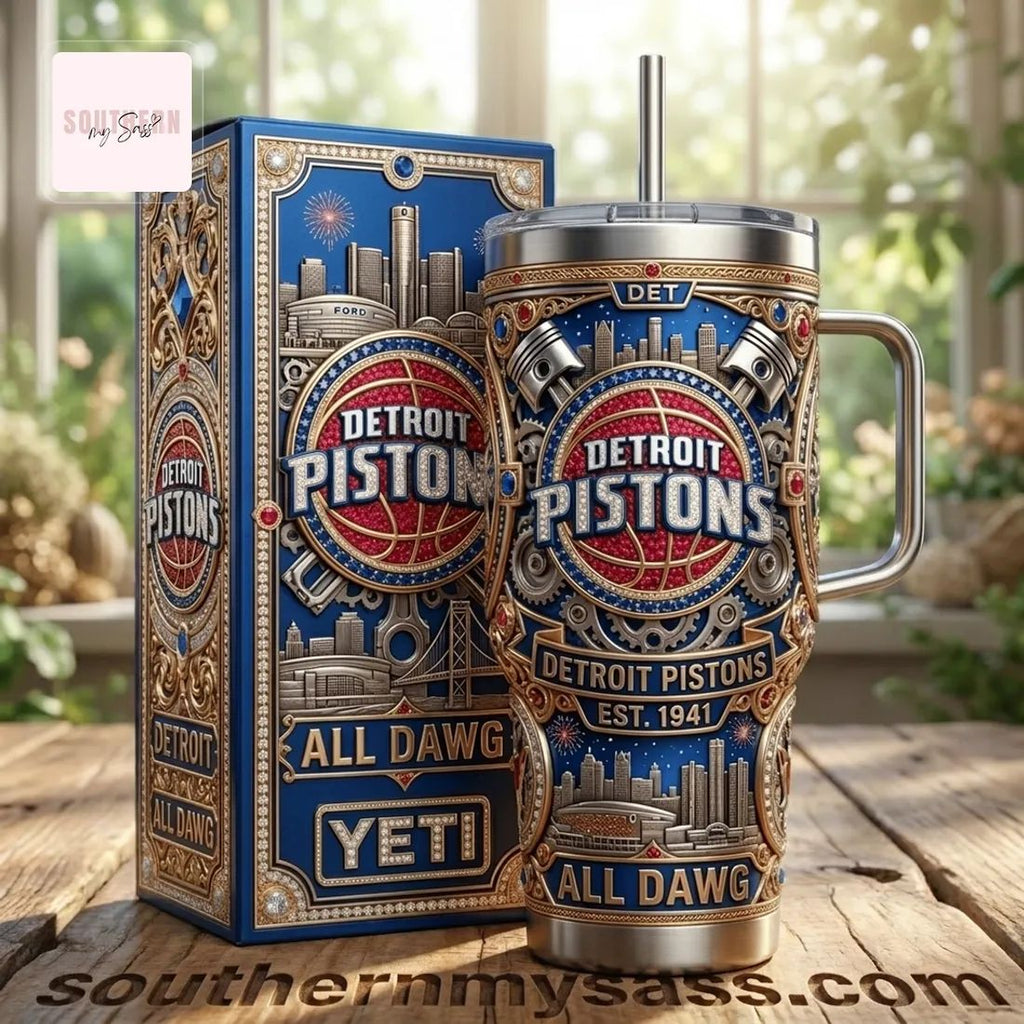 Detroit Pistons Ornate Premium 40oz Insulated Travel Tumbler with Handle