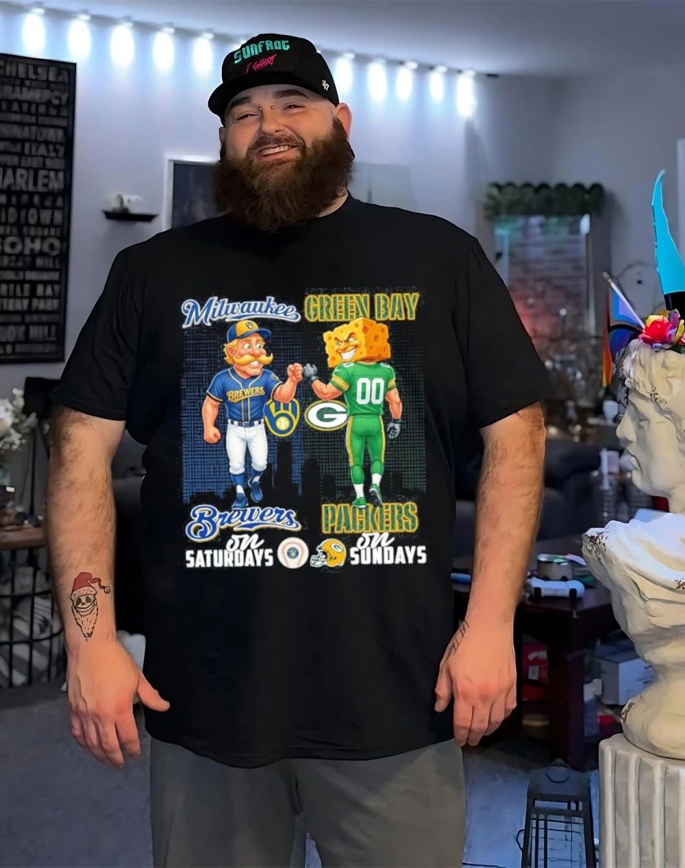 Milwaukee Brewers on saturdays vs Green Bay Packers on sundays city skyline shirt