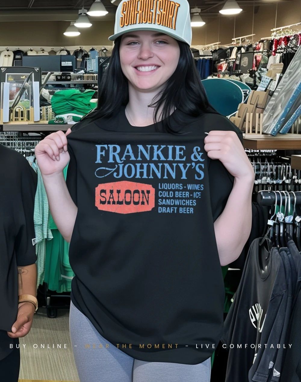 Frankie & Johnny’s Saloon Liquors wines cold beer ice sandwiches shirt