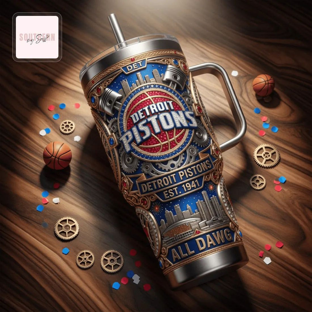 Detroit Pistons Ornate Premium 40oz Insulated Travel Tumbler with Handle