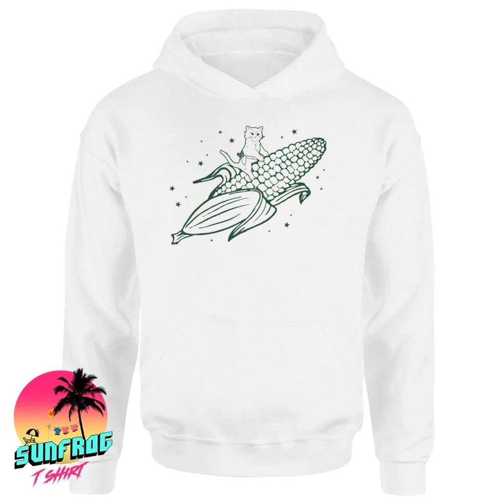 Gary the cat riding an ear of corn through the cosmos shirt
