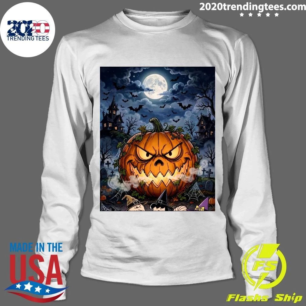 Giant Glowing Evil Pumpkin Halloween Scene with Graveyard, Flying Bats and Full Moon T-shirt