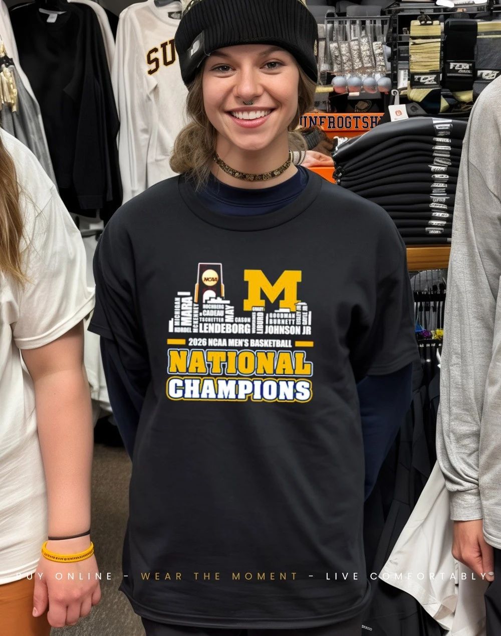 Michigan Wolverines 2026 NCAA Men’s Basketball National Champions player name city skyline shirt