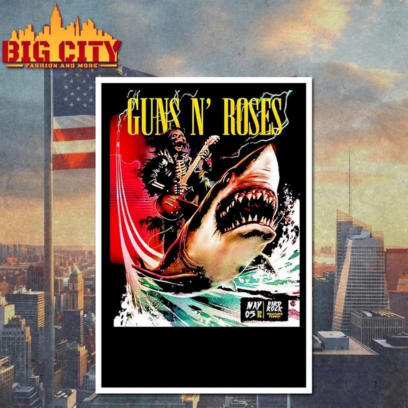 Premium Guns N Roses Hollywood Florida 2026 Night 2 Venue Poster At Hard Rock On May 5 2026 Skeleton Riding Shark Art Shirt