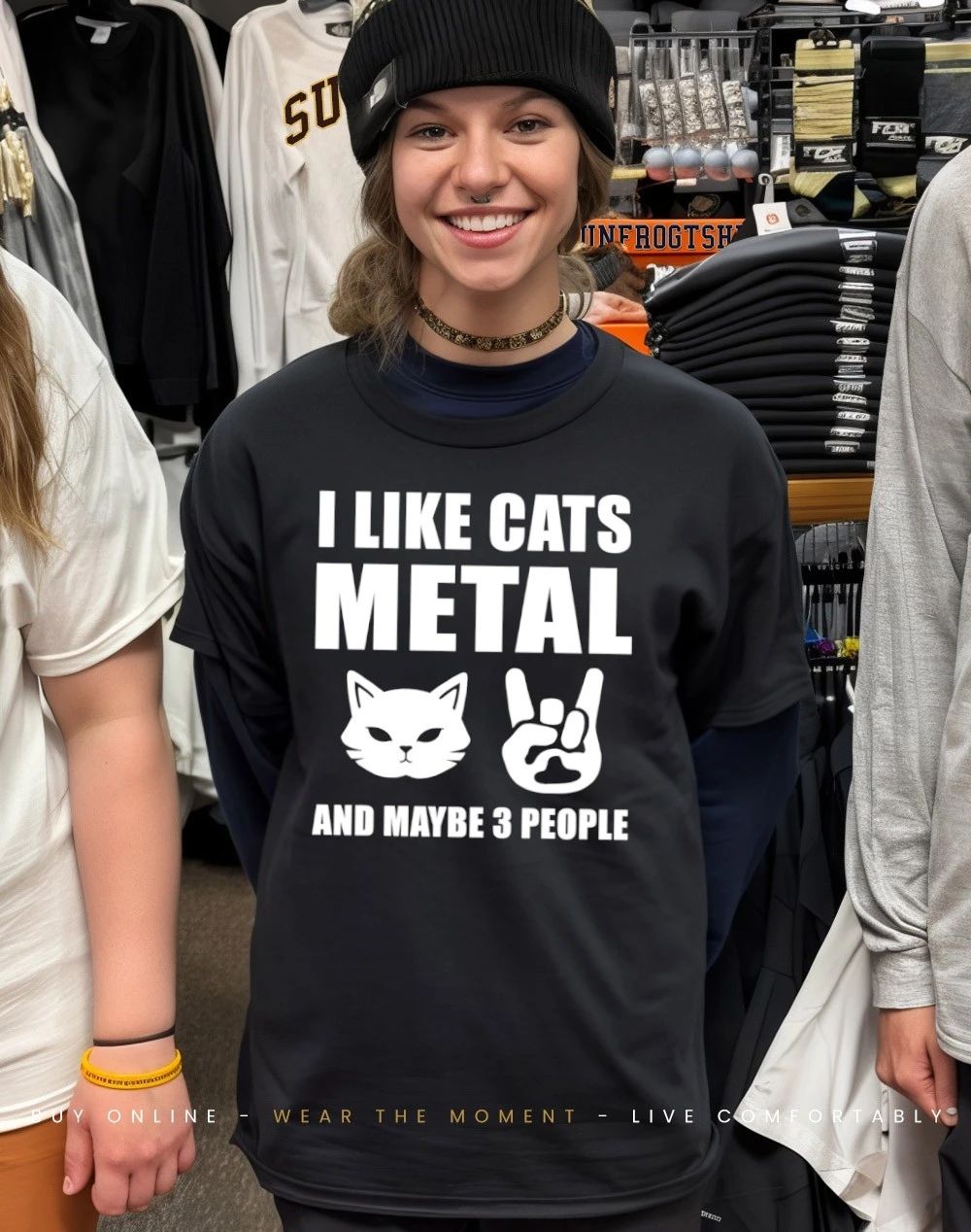 Rock hand sign I like Cats metal and maybe 3 people shirt