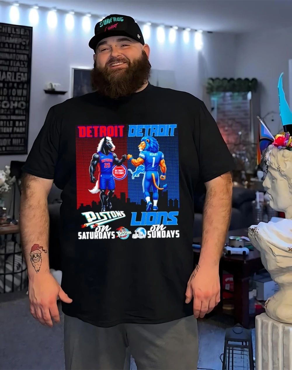 Detroit Pistons on saturdays vs Detroit Lions on sundays city skyline shirt