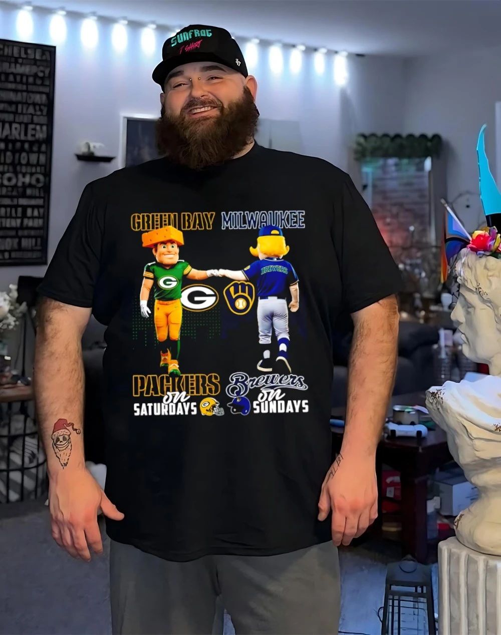 Green Bay Packers on Saturdays vs Milwaukee Brewers on Sundays mascot city skyline shirt