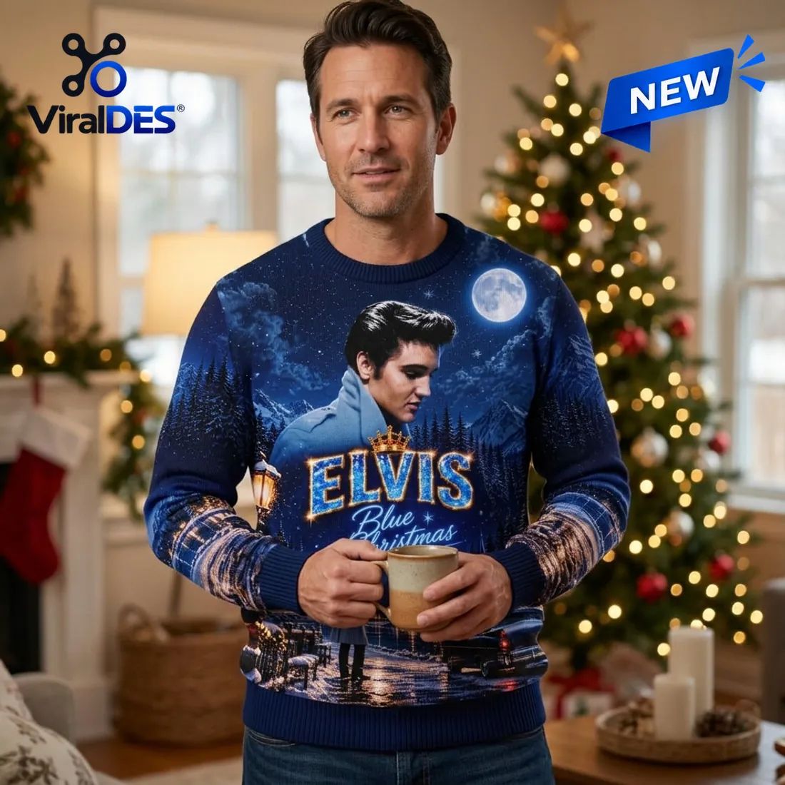 Elvis Presley Blue Christmas Ugly Sweater