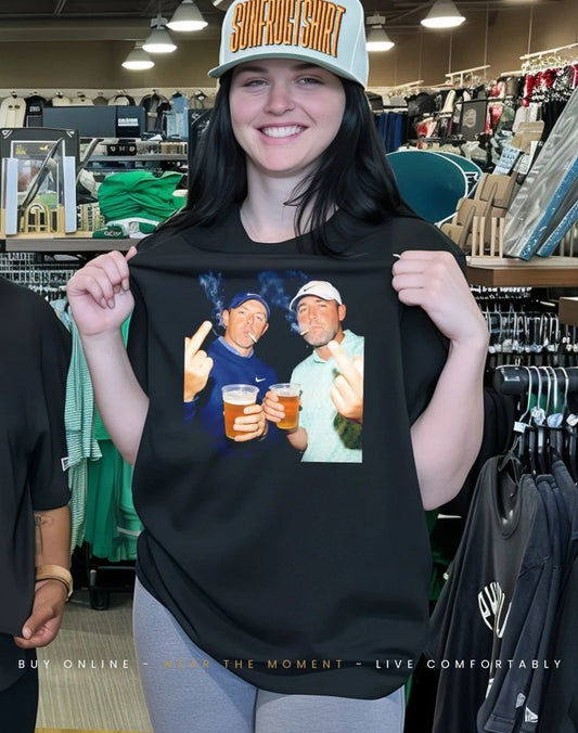 Scottie Scheffler and Rory McIlroy golf top two smoking beer middle finger shirt