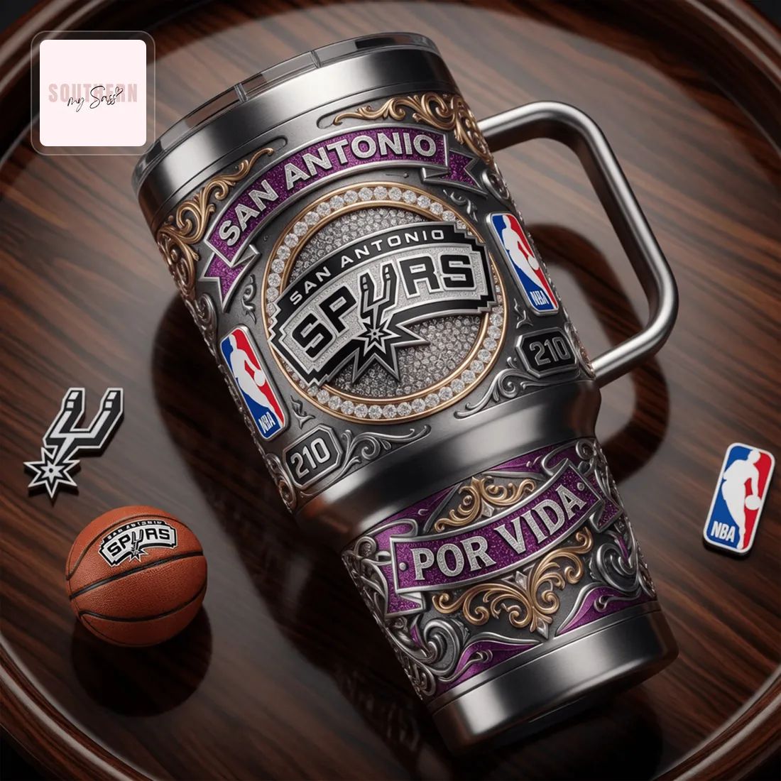 San Antonio Spurs 40oz Premium Ornate Yeti Insulated Tumbler With Handle