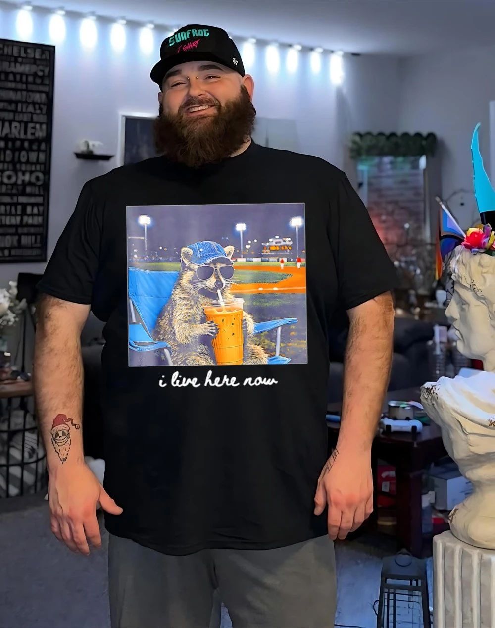 I Live Here Now Raccoon Baseball Mama shirt
