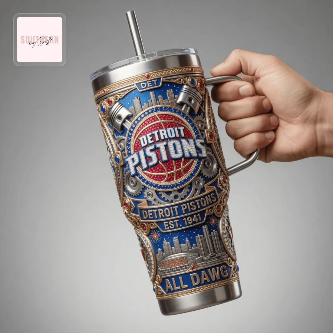 Detroit Pistons Ornate Premium 40oz Insulated Travel Tumbler with Handle