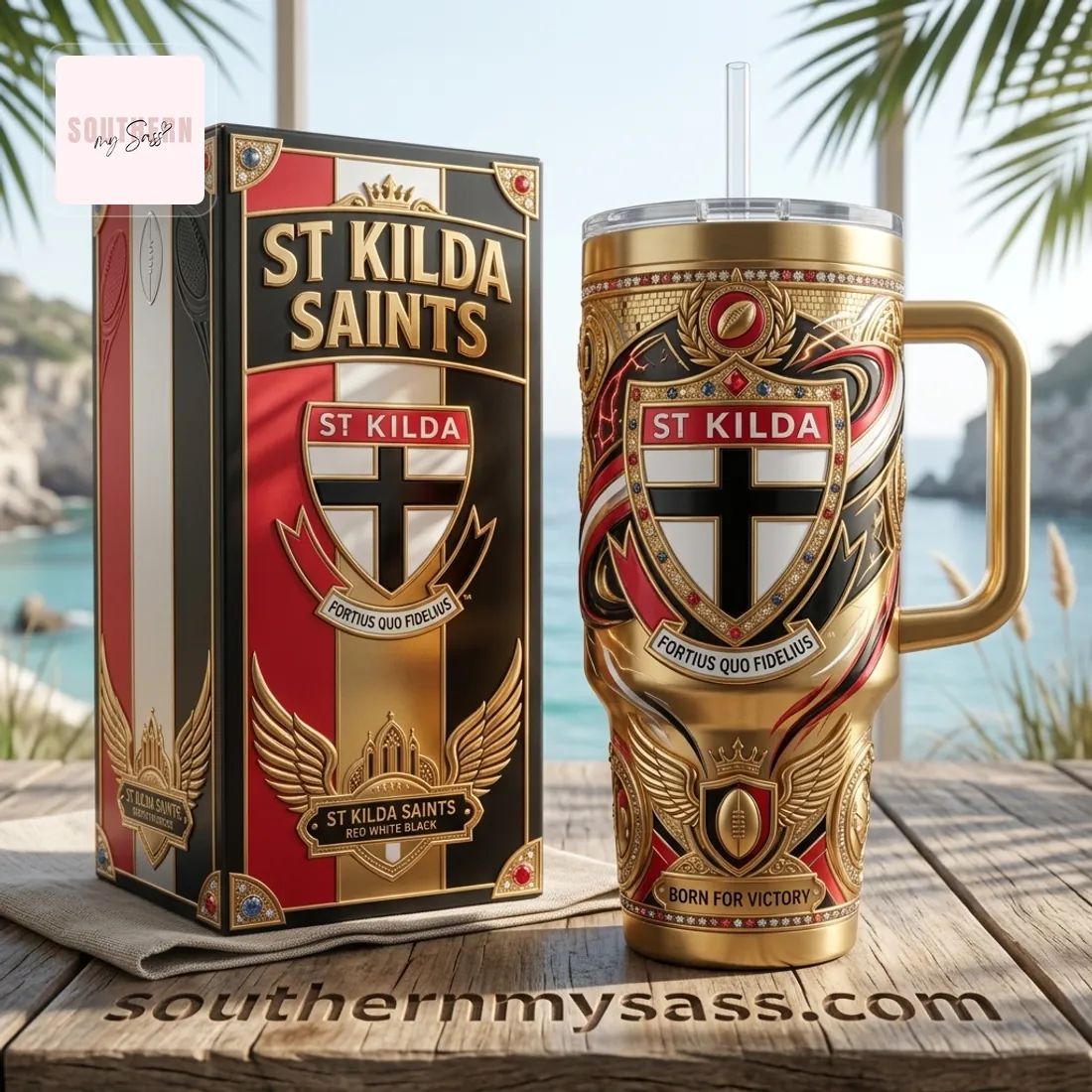 St Kilda Saints Luxury Gold 40oz Insulated Tumbler With Handle
