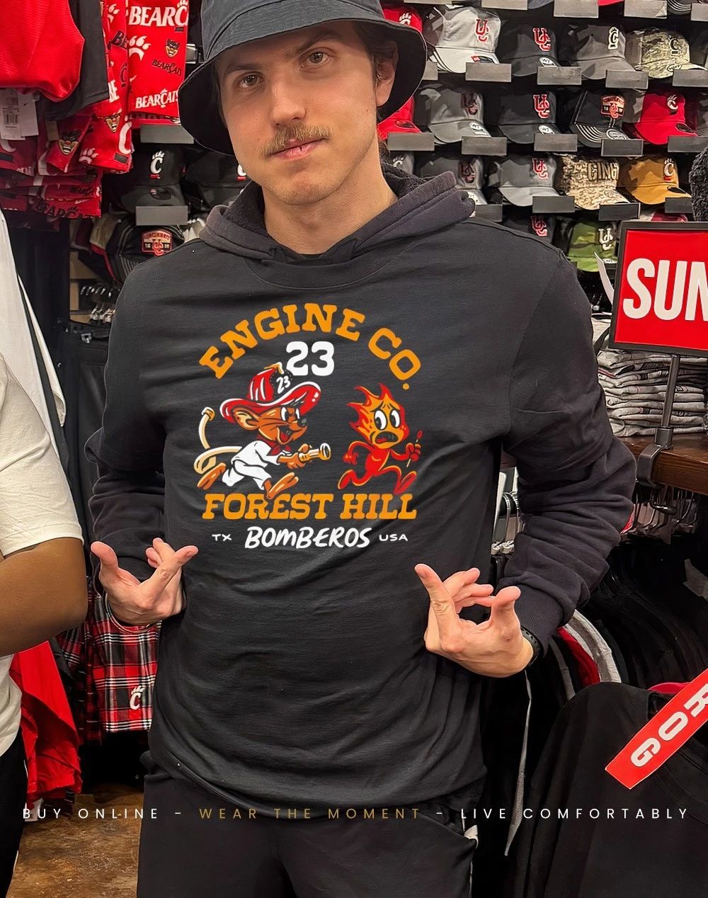 Mouse chasing fire Engine Co Forest Hill Bomberos shirt