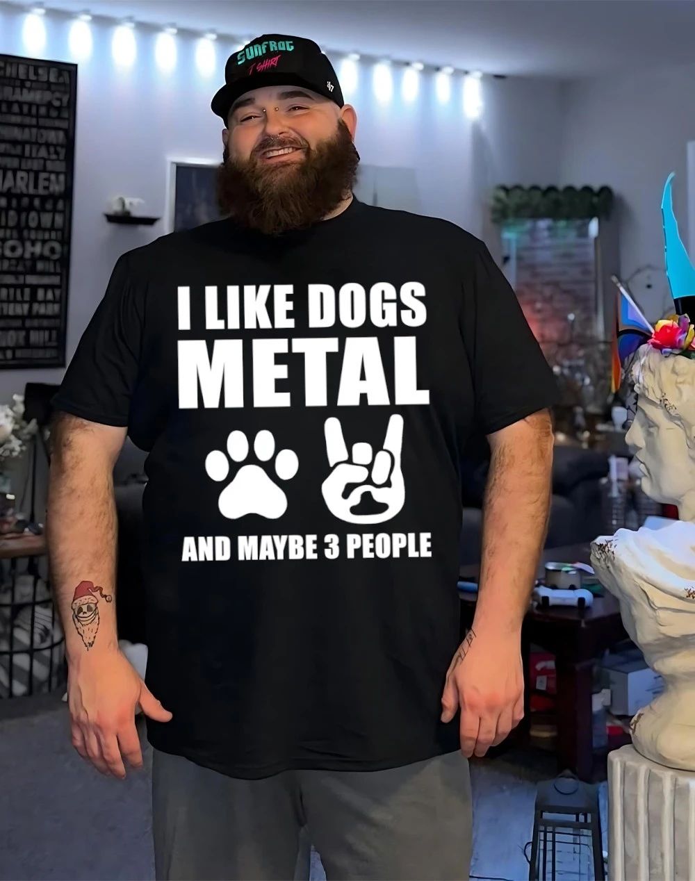 Paw and rock hand sign I like dogs metal and maybe 3 people shirt