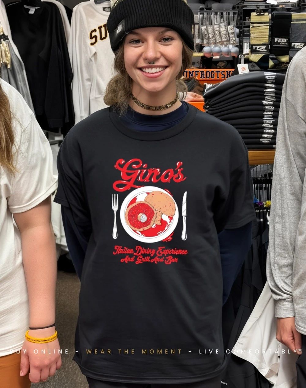 Gino’s Italian dining experience and girl and bar shirt